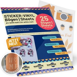 Sticker Papier zum Bedrucken – Superior Sticker Vinyl A4 – Bedruckbare Vinylfolie für Inkjet-Drucker – Selbstklebend & Wasserfest – Für DIY Aufkleber, Etiketten, Basteln & Scrapbooking