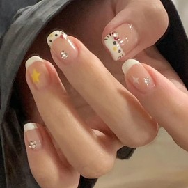 French Kitty Cute False Nails, Extra Short Nail Tips, Square Press On Nails with Mermaid Bubble Beads, Sweet Colour Design, for Women and Girls (24pcs)