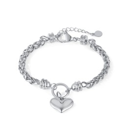 jonline24h Mens Womens Stainless Steel Charm Heart Link Bracelet Bangle Gold (Silver)