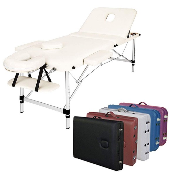 ANGEL USA 3-Section Aluminum 84" L Portable Massage Table Facial SPA Bed Tattoo w/Free Carry Case (Cream White)