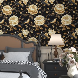 BOKEBEVE Gold Floral Wallpaper Peel and Stick Vintage Bird Contact Paper Dark Black Wall Paper for Cabinet Backsplash Bedroom Removable Renter Friendly 17.5 x 118In