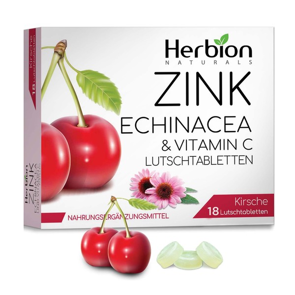 Herbion Naturals Zinc, Echinacea & Vitamin C Lozenges with Natural Cherry Flavour - 18 CT - Dietary Supplement - Promotes Overall Health for Adults and Children 5+