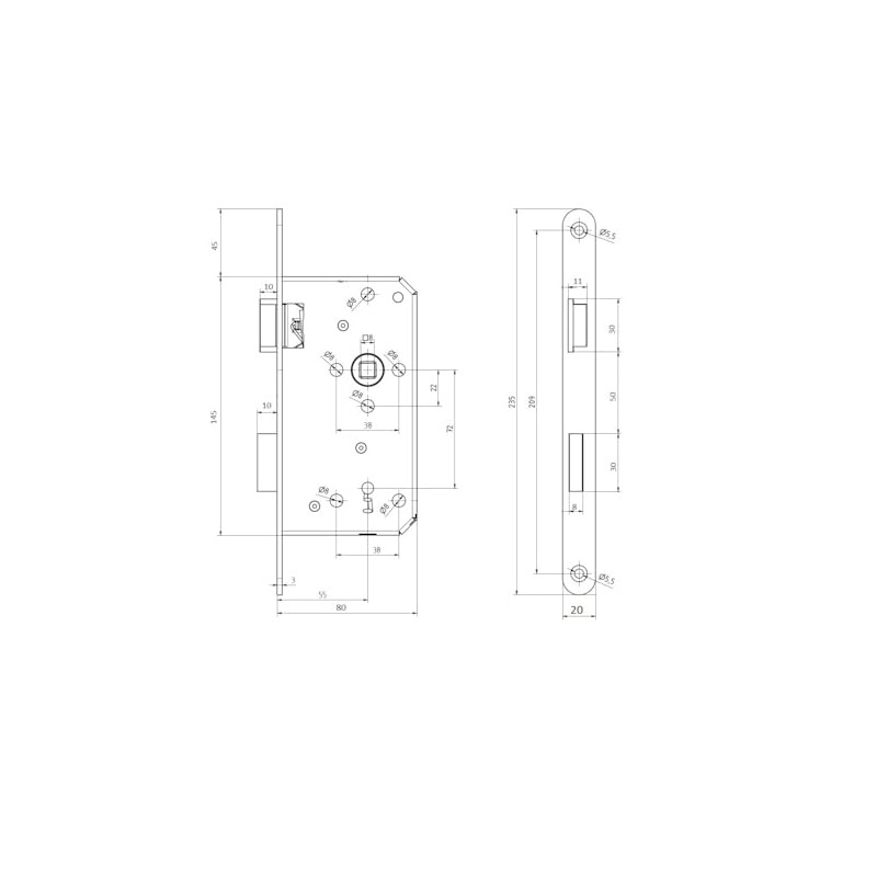 MS Beschläge Door Lock with Lock Case, 55 mm, Backset