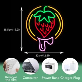 JLEWUINH Strawberry Neon Sign USB Powered Sweet Fruit Led Light Up Sign Dimmable Funny Neon Light Wall Decoration for Home Kitchen Fruit Market Dessert Shop Farmhouse Restaurants