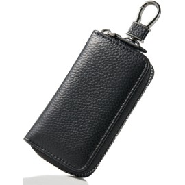 NEESE Key Case, Men's, Women's, Genuine Leather, Card Slots, 6 Hooks, Carabiner Included, Smart Key Case, e. embossed leather black