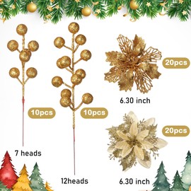Wavyknot 60 pcs 4 Styles Christmas Glitter Berries Stems Christmas Artificial Poinsettia Flowers Christmas Tree Picks for Christmas Tree Ornaments DIY Xmas Wreath Crafts Holiday Decor (Gold)