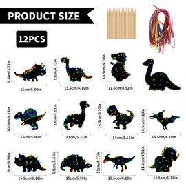 12 Pcs Dinosaur Scratch Art Paper,Animal Scratch Art for Kids Bookmarks with Wooden Stylus and Ribbons,Scratch Art Paper Dinosaur Magic Craft Art Kits,Rainbow Color Scratch Card for Classroom Gifts