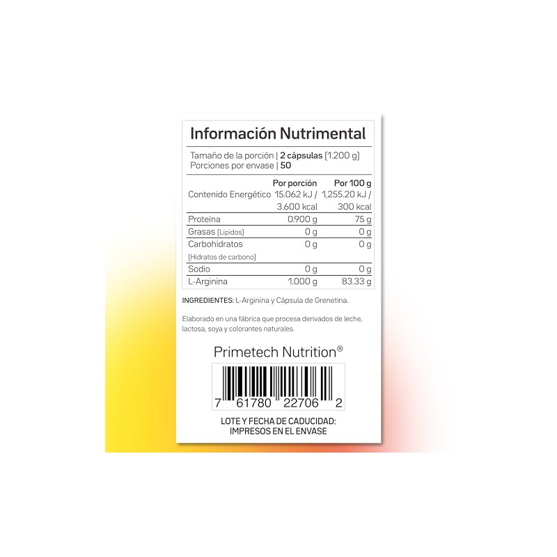 Primetech Nutrition L-Arginina Cápsulas 500 mg 100 Cápsulas óxido nítrico,