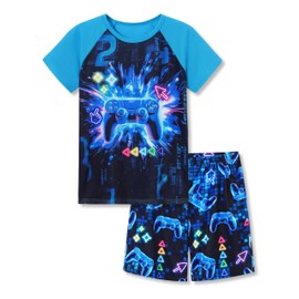 Beezizac Boys Pajamas Bule & Black Gamer Stylish Short Sleeve Jammies 2-Piece Outfit Comfy Kid PJ Set Size 6