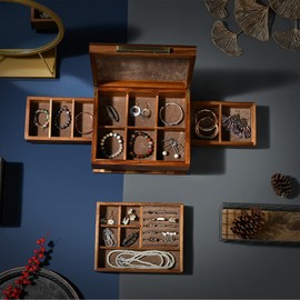 Shanik Vintage Jewelry Box for Women with Ring Cushions, Earring and Necklace Storage, and Pull-Out Drawers, Rustic Natural Wood Organizer