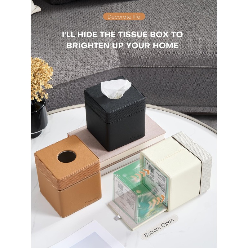 Cloudever Tissue Box Holder Cover, Modern PU Leather Square Decorative