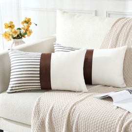 JOTOM Set of 2 Modern Faux Leather Striped Patchwork Cushion Covers 30x50 cm Farmhouse Decorative Throw Pillow Covers Lumbar Pillowcase for Sofa Bedroom Couch Home Decor 12x20 Inch (Stripe Coffee)