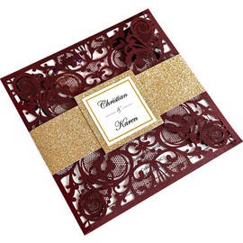 DreamBuilt 6.3 X 6.3 Inch 50PCS Blank Burgundy Laser Cut Wedding Invitations With Envelopes Kit And Gold Glitter Belly Band Wedding Invitation Cards For Wedding invite
