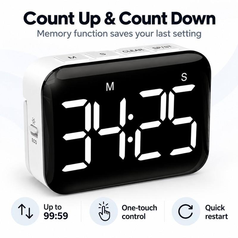 Large LED Digital Kitchen Timer – Magnetic Count Up &