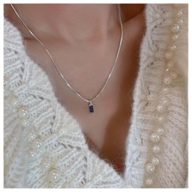 Cimenexe Bohemian Square Sapphire Pendant Necklace Blue Rhinestone Chain Necklace Silver Cz Sapphire Necklace Choker Tiny Blue Rectangle Necklace Jewelry for Women and Girls