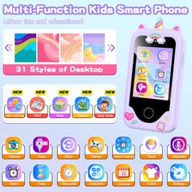 ASIUR Kids Smart Phone for Girls Toddler Birthday Gift for Boys 3 4 5 6 7 8 9 10 Year Old, Childrens Pretend Play Cellphone with Educational Games, MP3 Music Player, Learning Toys(Purple)
