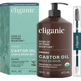 Cliganic Organic Castor Oil, 100% Pure (16oz with Eyelash Kit) - For Eyelashes, Eyebrows, Hair & Skin | Bulk, Natural Cold Pressed Unrefined Hexane-Free | DIY Carrier Oil