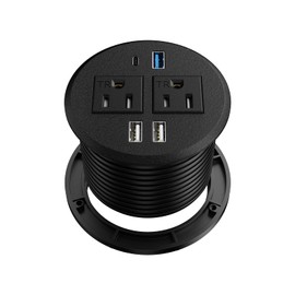 Recessed Power Grommet with 20W Fast Charging USB-C Port, 2AC Outlets, 3 USB A - Countertop Outlet Flush Mount for Desktop 3-3/8-inch Hole (Black)