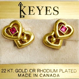 Rapport Selection Keyes Vintage Earrings, Made in Canada, 22KGP Double Heart 105646, Brass Rhinestone, No Gemstone