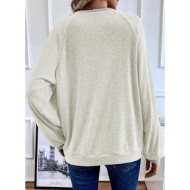 EVALESS Womens Long Sleeve Shirts Fall Fashion 2025 Patchwork Button Up V Neck Oversized Sweatshirt Casual Trendy Pullover Teacher Outfits Tops White Small