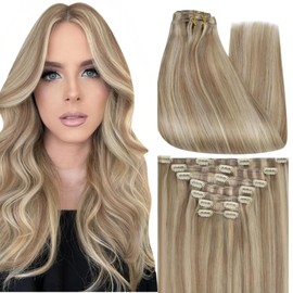 Full Shine 24 Inch Clip in Hair Extensions Dirty Blonde Highlight Light Blonde Human Hair Clip in Extensions for Thick Hair Double Weft Straight Invisible Natural Hair Extensions 7 Pcs