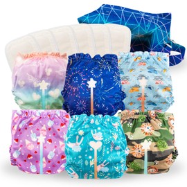 Reusable Cloth Diapers with Wetness Indicator, Swim Diaper, 6 Waterproof Skin Friendly Covers＆Insert One Size Adjustable Washable Diapers for Newborns, Baby (11-33 pounds, 0-3 Years, Cute)