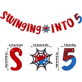 SAVITA Spider Birthday Banner, Swinging Into 5 Banner Spider Web Themed Cartoon Party Decoration Supplies for Boys Girls Friends Birthday Party Decoration