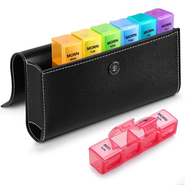 Pill Organizer 4 Times a Day with PU Leather Case, Sukuos Large 7 Day Pill Case (Morning Noon Eve Bed), Daily Pill Box for Vitamin/Fish Oil/Supplements