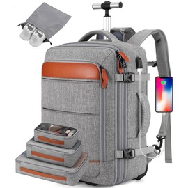 Rolling Backpack for Men and Women, Travel Backpack with Wheels, 17.3 Inch Carry-On Laptop Backpack with 4 Packing Cubes for Business and Work, Large Capacity Rolling Backpack - Color: Grey