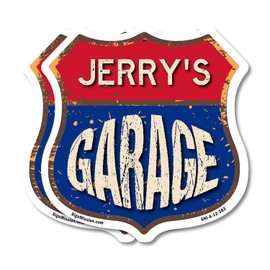 Jerry's Garage (2 Pack) 12 inch X 12 inch Shield-Shaped Rust-Free Aluminum Metal Signs Weather Resistant, UV Protected To last, Gift for Dads and Uncles Classic Americana Crafted in the USA