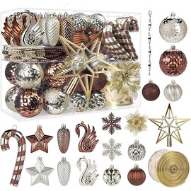 Alupssuc 128pcs Christmas Balls Ornaments Set, Shatterproof Plastic Baubles Christmas Flowers, Ribbon for Xmas Tree Holiday Wedding Party Decorations with Hanging Strings, Champagne Gold and Brown