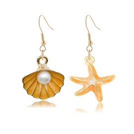 Dreuyet Starfish Seashell Pearl Earrings for Women Asymmetric Cowrie Shell Starfish Scallop Boho Chic Ocean Earrings Hawaiian Beach Earrings Vacation Summer Charm Jewelry Gift (Orange)