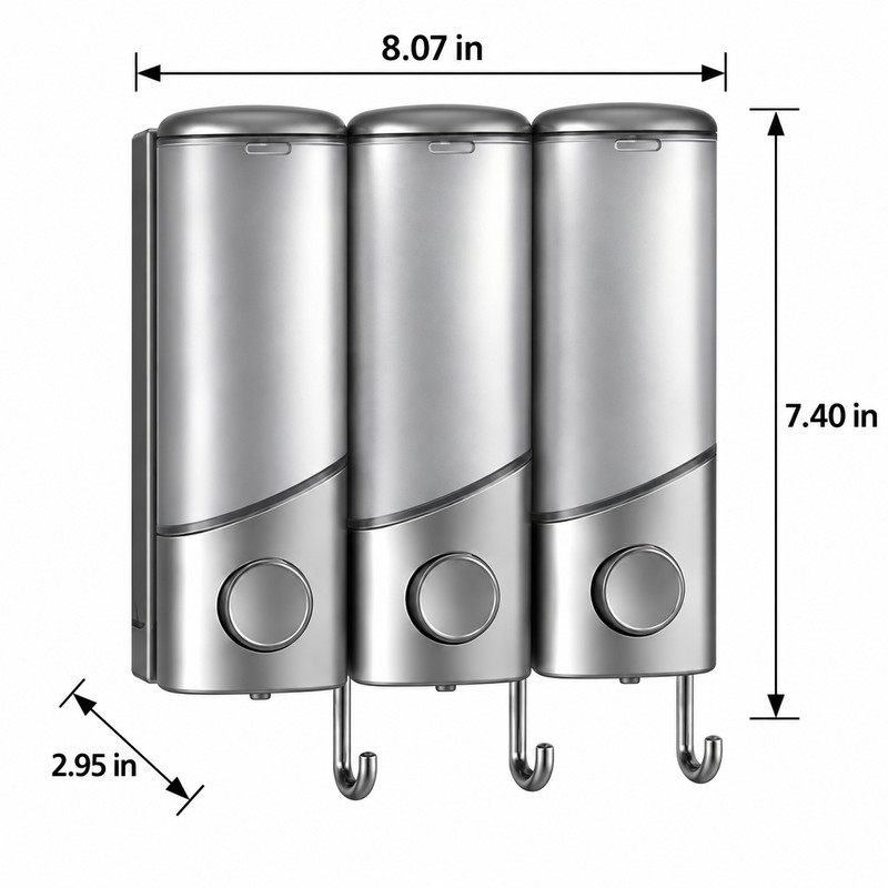 Wall Mounted Shampoo and Conditioner Dispenser with Hooks, 3-Compartment Refillable
