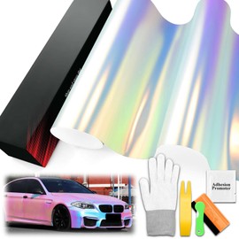 1.6FTx4.4FT PET Neo Holographic Satin White Vinyl Wrap Auto Car Sticker Decal Film Sheet Bubble Free Air Release Technology with Tool Set