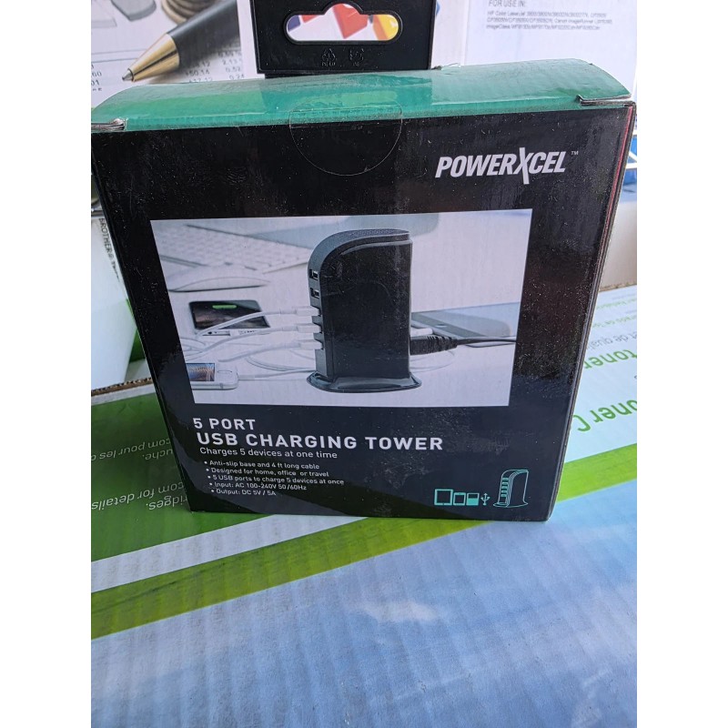 PowerXcel 5 Port Black USB Charging Tower Charge 5 Devices