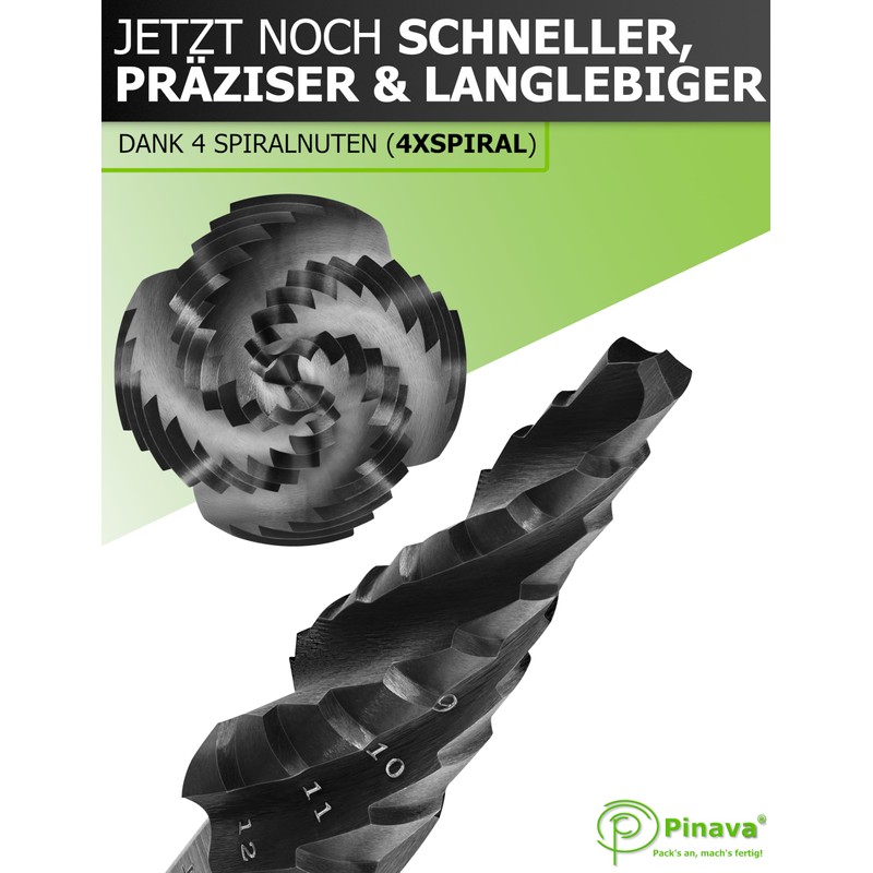 Pinava Step Drill HSS Cobalt Pro 4XSPIRAL [Faster, Precise, Durable]