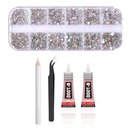Nail Art Rhinestones Bedazzling Kit, Silver and Iridescent Rhinestones with Glue Tweezers Rhinestone Picker Dotting Pen, Crystal Rhinestone for Craft, Nail, Clothes, Face and DIY Bags