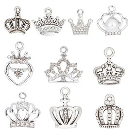 SUNNYCLUE 60PCS 10 Styles Crown Charms Princess Crown Charm Silver King Rhinestone Cubic Zirconia Queen Hollow Crystal Crowns Charms for Jewelry Making Charms Earrings Necklace Bracelets DIY Crafts, No Gemstone