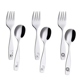 ANNOVA Kids Silverware 6 Pieces Children's Safe Flatware Set Stainless Steel - 3 x Children Forks, 3 x Dinner Spoon, Toddler Utensils, for Lunchbox (Safari Animals Etched Elephant, Giraffe, Lion)