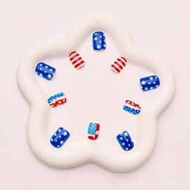 24Pcs 4th of July Press on Nails Short Square Fake Nails Independence Day False Nails with Red Blue American Flag Design Glossy Full Cover Artificial Glue on Nails Cute Stick on Nails for Women DIY