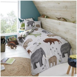 VELVETIO Easy Care Single Kids Duvet Cover Set with Pillowcase, Boys & Girls Zoo Animal Bedding Bedset, Soft Reversible Elephant Printed Comforter Quilt, Grey