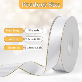 50 Yards White Satin Ribbon with Gold Edges 1 Inch Fabric Continuous Ribbon Double Faced Satin Wired Ribbons for Gift Wrapping Flower Bouquets Decor
