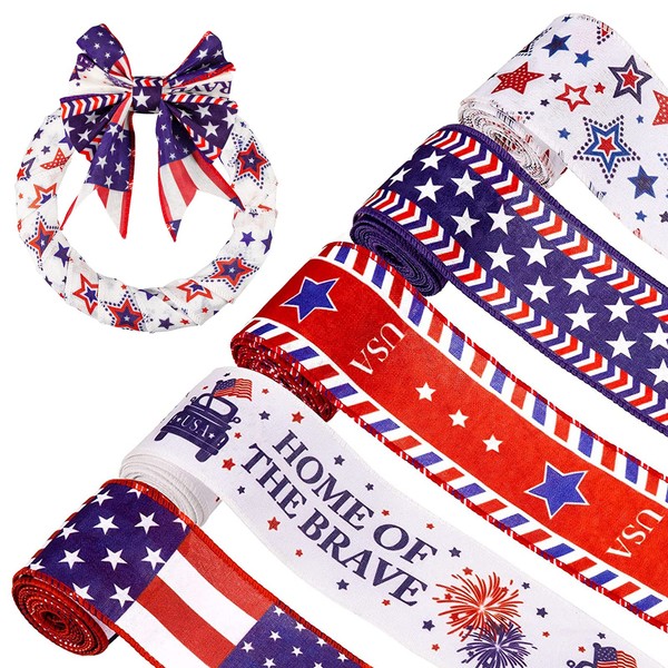 Whaline 5 Rolls Patriotic Ribbon 4th of July Stars and