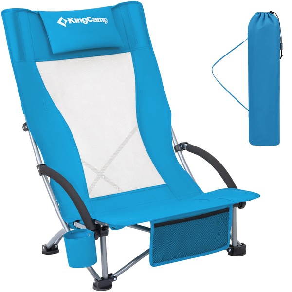 KingCamp Low Profile Beach Folding Portable Lightweight Chair Adults with Cup Holder, Carry Bag and Padded Armrest for Sand Camping Lawn Concert Travel Festival, High Back, HighBack Blue