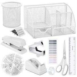 11 in 1 White Desk Organizers and Accessories, White Office Supplies White Desk Accessories Include White Stapler and Tape Dispenser Set Pen Holder Staple Remover Clips Ruler Scissors Tapes Tabs
