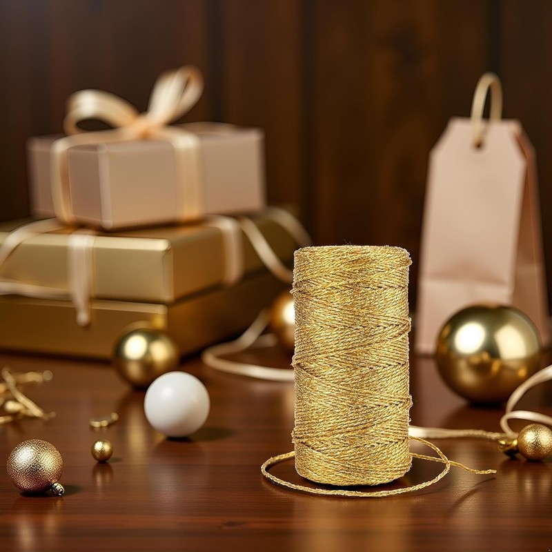 100M/328 Feet Gold String Twine for Crafts, Metallic Bakers Cord,