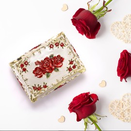 SUMTree Vintage Music Box - Metal Musical Jewellery Box Keepsake Box White Jewellery Boxes Red Flowers Jewellery Box Jewellery Box Jewellery Case for Ring Bracelet Earrings Women's Gift Birthday