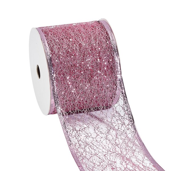 DELORIGIN 9 m Sparkling Glitter Net Wired Ribbon Pink Metallic