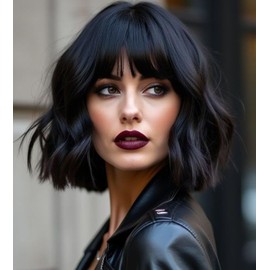 CoCrowns Short Wavy Wig with Air Bangs Shoulder Length Women's Short Bob Curly Wavy Black Synthetic Wig Soft Hair (Black)
