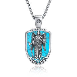 XIXLES Saint Raphael Necklace 925 Sterling Silver Archangel St Raphael Shield Necklaces,Patron Saint Raphael Amulet Protection Necklace Jewelry For Men Dad with 22 in Chain